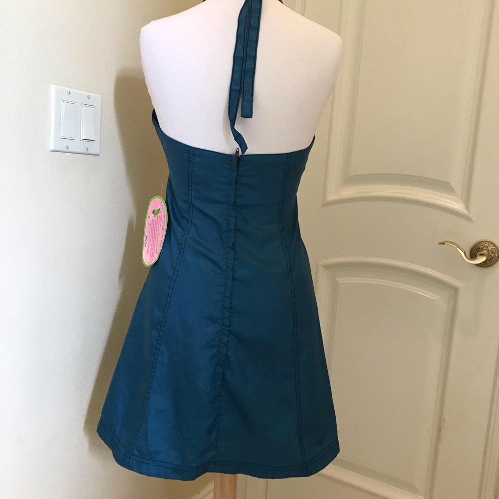 Vintage 90s NWT Girl Star teal nylon beach halter dress - Picture 2 of 3